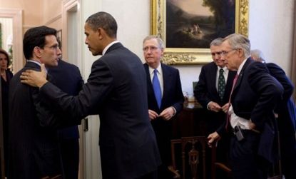 Obama says adieu to Republican Whip Eric Cantor at the close of the bipartisan Congressional meeting where party leaders agreed to have more meetings.