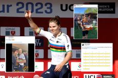 Lotte Kopecky in a rainbow jersey with three tweets embedded in the image, one showing Lotte Kopecky, one showing Michal Kwiatkowski and one showing Tour de France stages