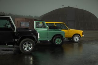 Everrati Electric drive classics, Land Rover Defender (left), Land Rover Series IIA (centre), Range Rover Classic (right)