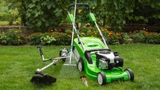 A lawn mower vs trimmer on a lawn in front of a plant border
