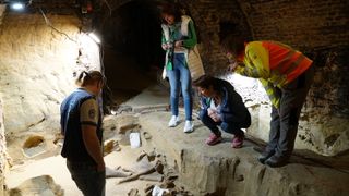 A group of four archaeologists stand over the mammoth bones in the wine cellar