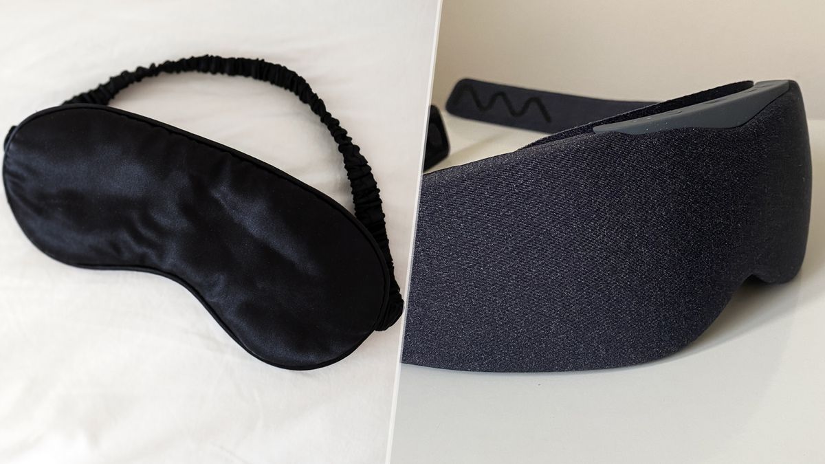 A basic black eye mask (left) and the Aura Smart sleep mask (right)