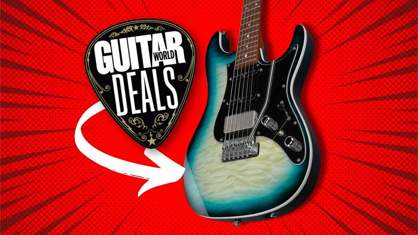 An Ibanez Premium AZ24P1QM electric guitar on a red background