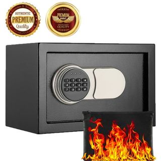 A black fireproof safe with a keypad lock. 