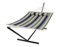 A green and blue striped double hammock with a freestanding black metal stand