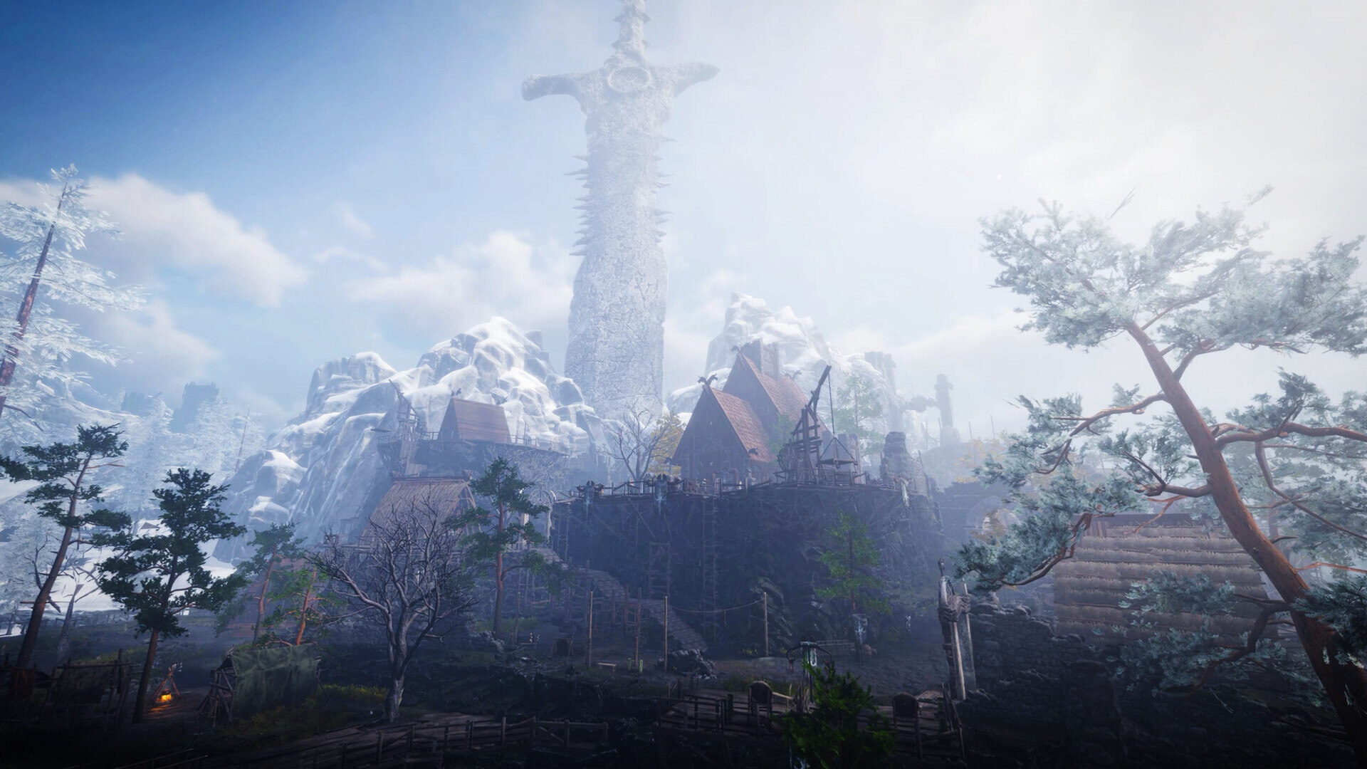 Tainted Grail: The Fall of Avalon screenshot of an open world area. A mountainside with a village underneath it.