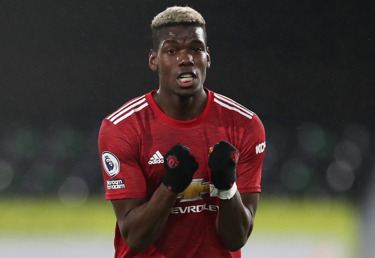 Manchester United&#039;s Paul Pogba celebrates after the final whistle during the Premier League match at Craven Cottage, London. Picture date: Wednesday January 20, 2021.