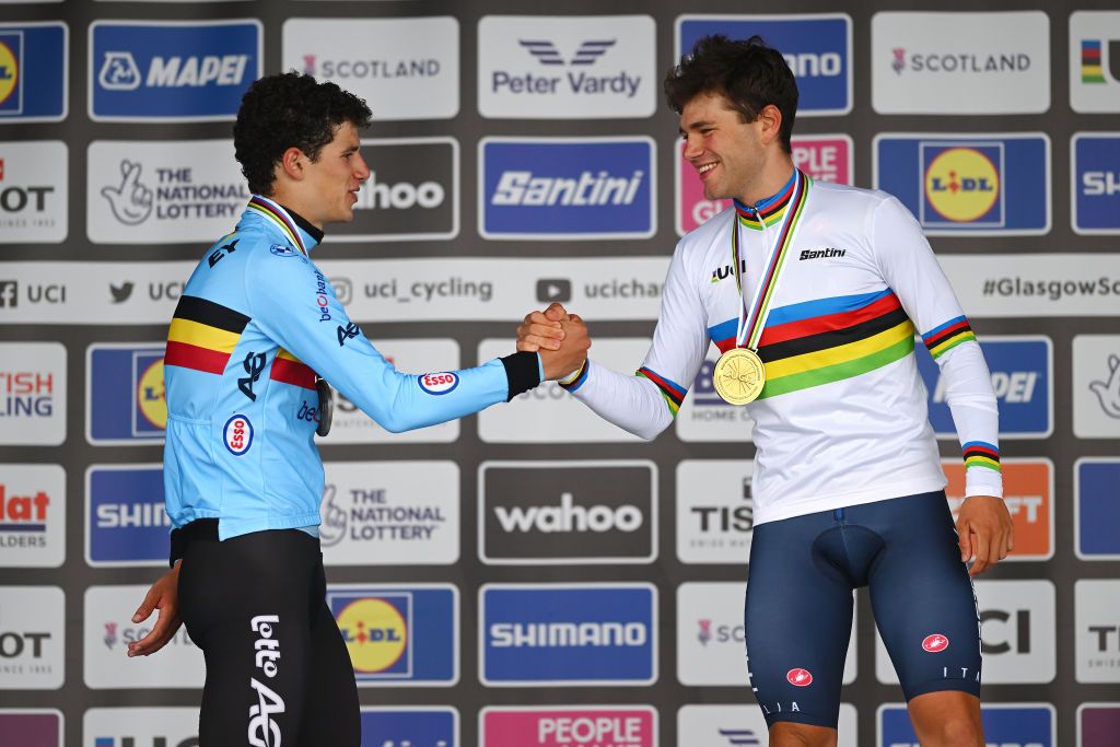 STIRLING SCOTLAND AUGUST 09 LR Silver medalist Alec Segaert of Belgium and gold medalist Lorenzo Milesi of Italy pose on the podium during the medal ceremony after the Men Under 23 Individual Time Trial a 362km race from Stirling to Stirling 80m at the 96th UCI Cycling World Championships Glasgow 2023 Day 7 UCIWT on August 09 2023 in Glasgow Stirling Photo by Dario BelingheriGetty Images