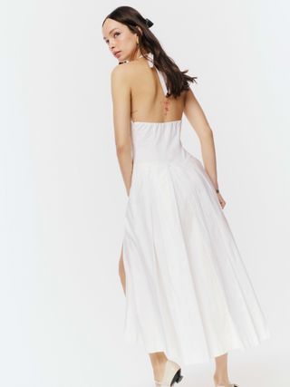 backless white halter midi dress