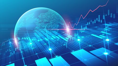 digital rendition of blue globe over blue stock chart with teal bars