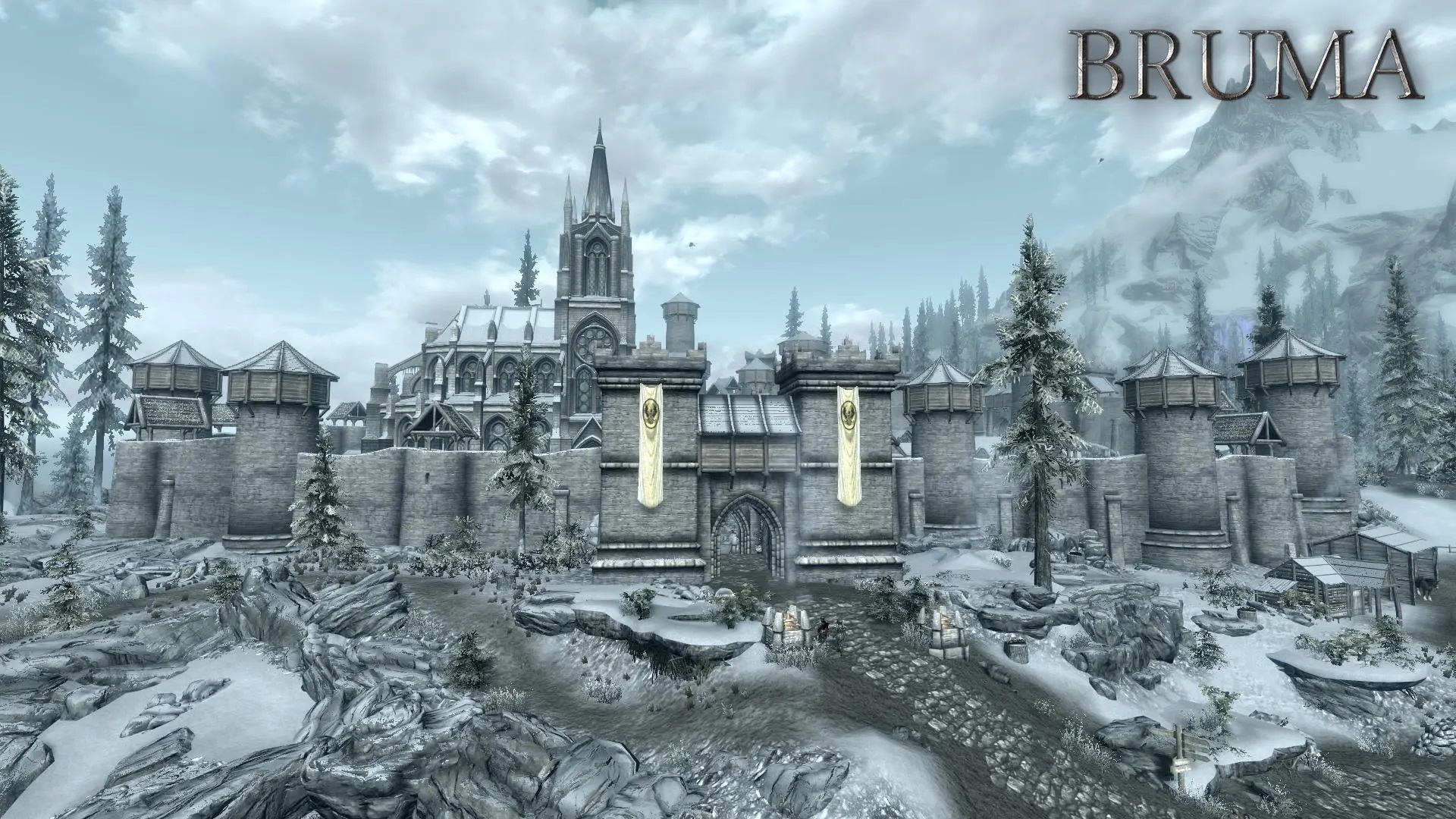 Vista exterior de la muralla de la ciudad de Bruma en el registro de Skyrim