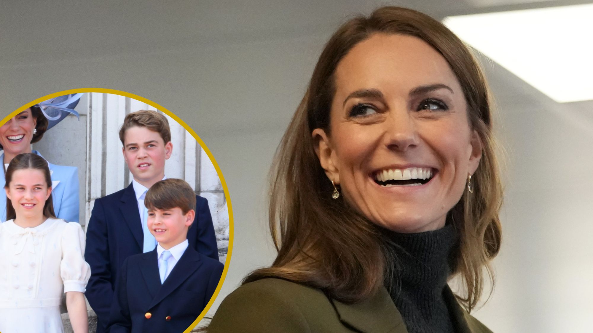 A roundel showing Prince George, Charlotte and Louis at Trooping the Colour and a picture of Kate Middleton during a visit to East Anglia's Children's Hospices' (EACH) shop in Hoveton