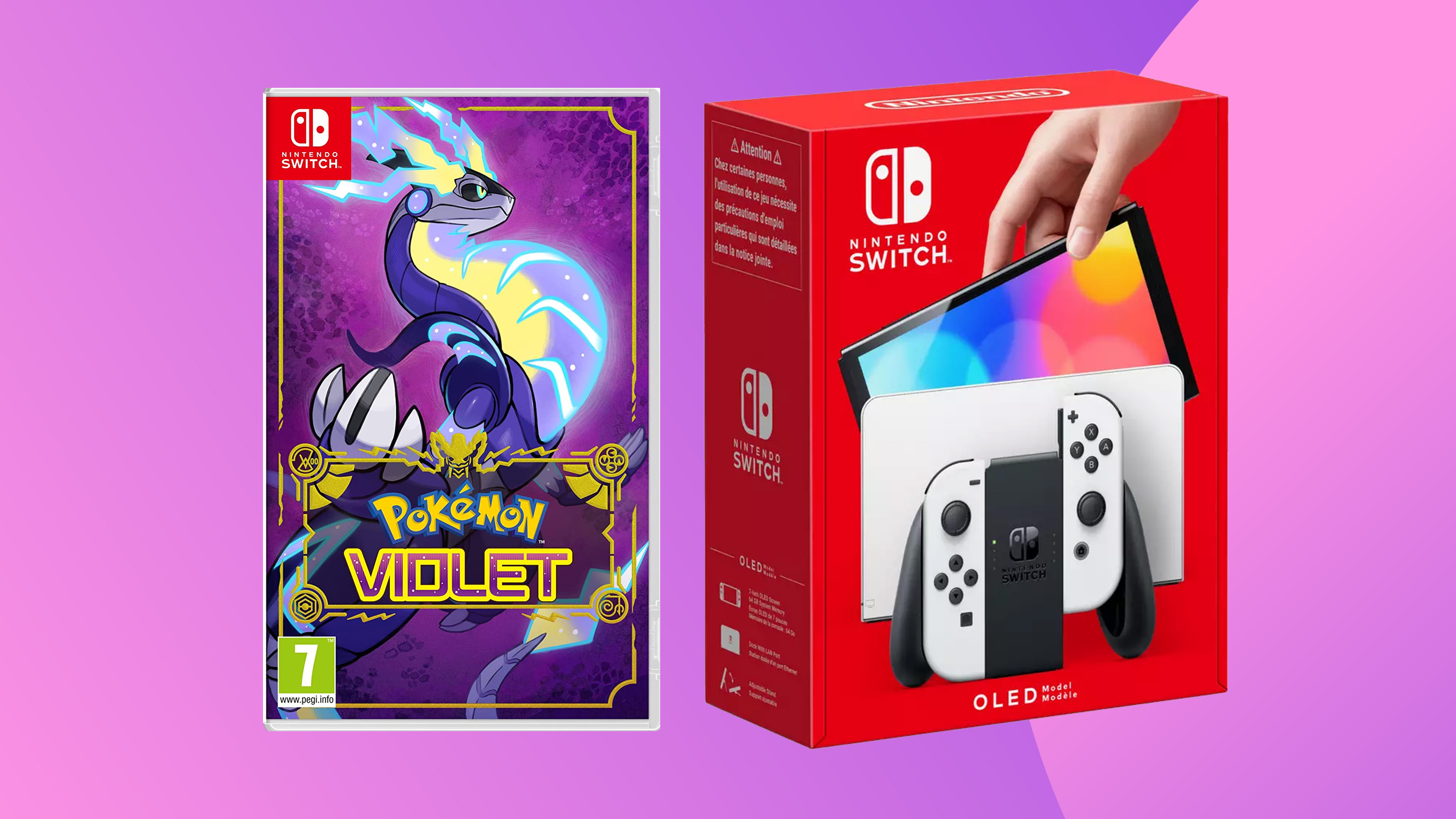 A product shot of the Switch OLED and Pokemon Violet on a colourful background