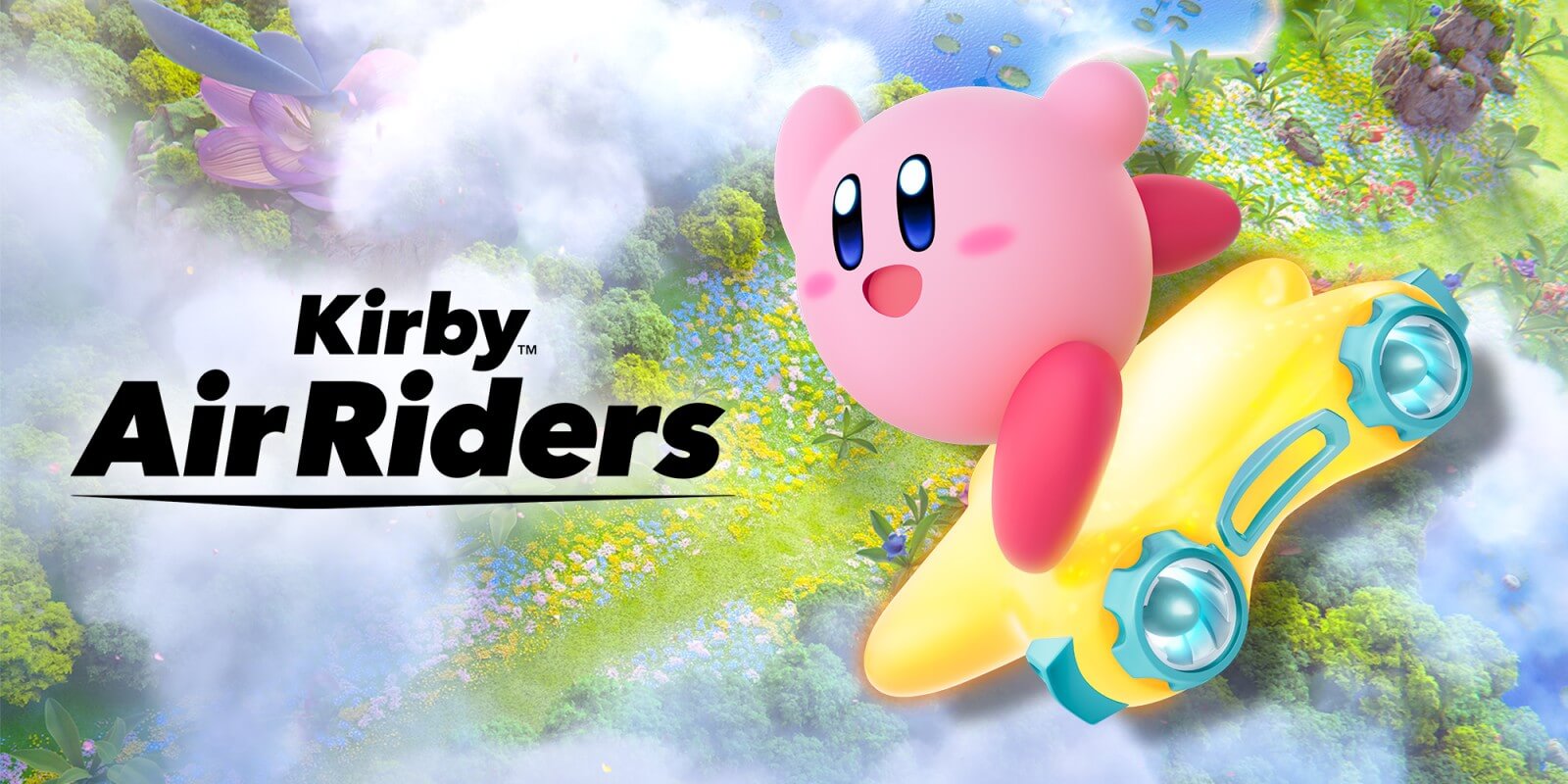 Kirby Air Riders cover art showing Kirby riding a star in the sky 