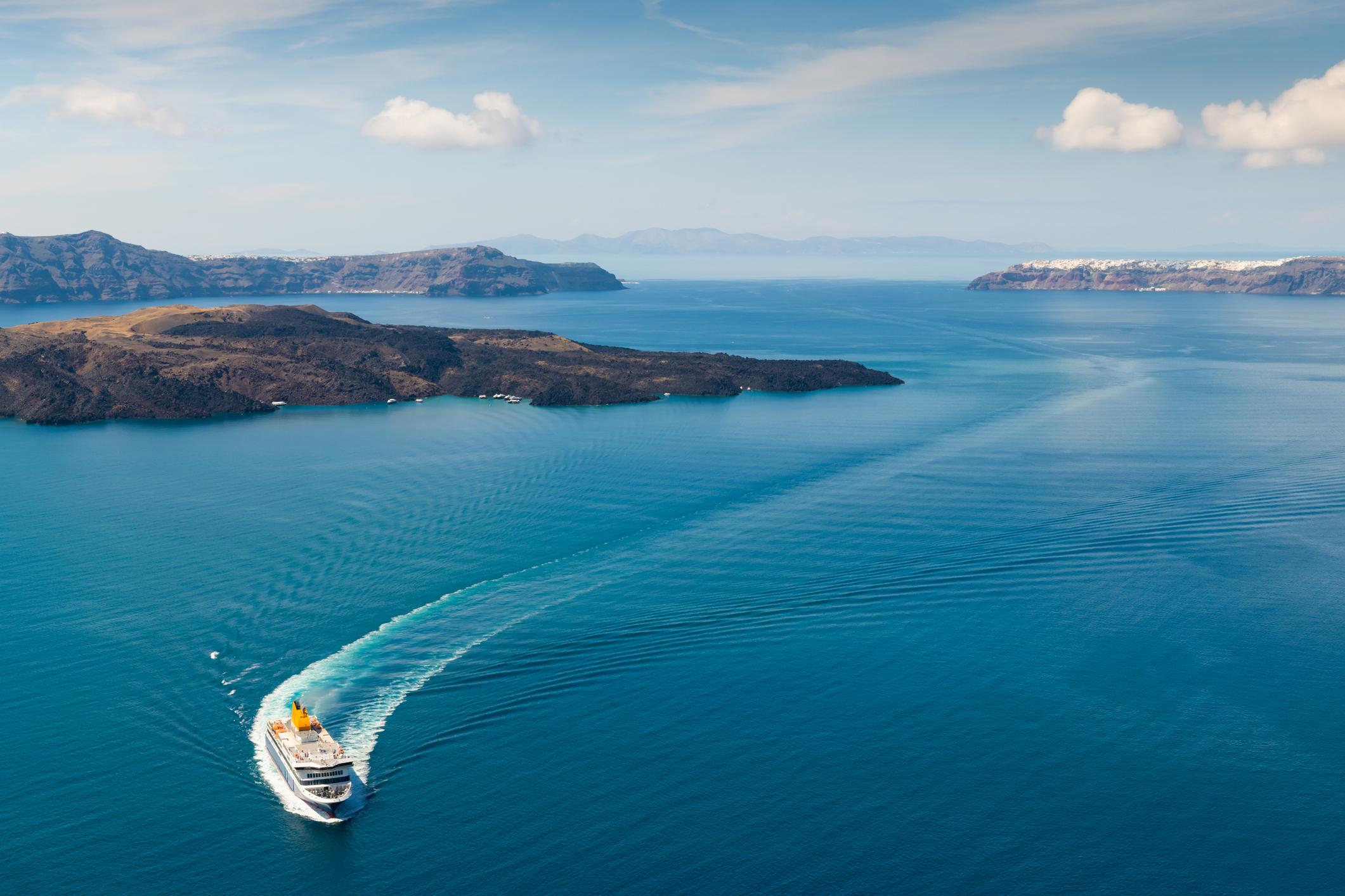 Ferry arrives at the port of Santorini Island 