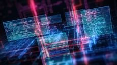 A visualization of bue code in a futuristic display, lit by red light, to represent vibe coding risks.