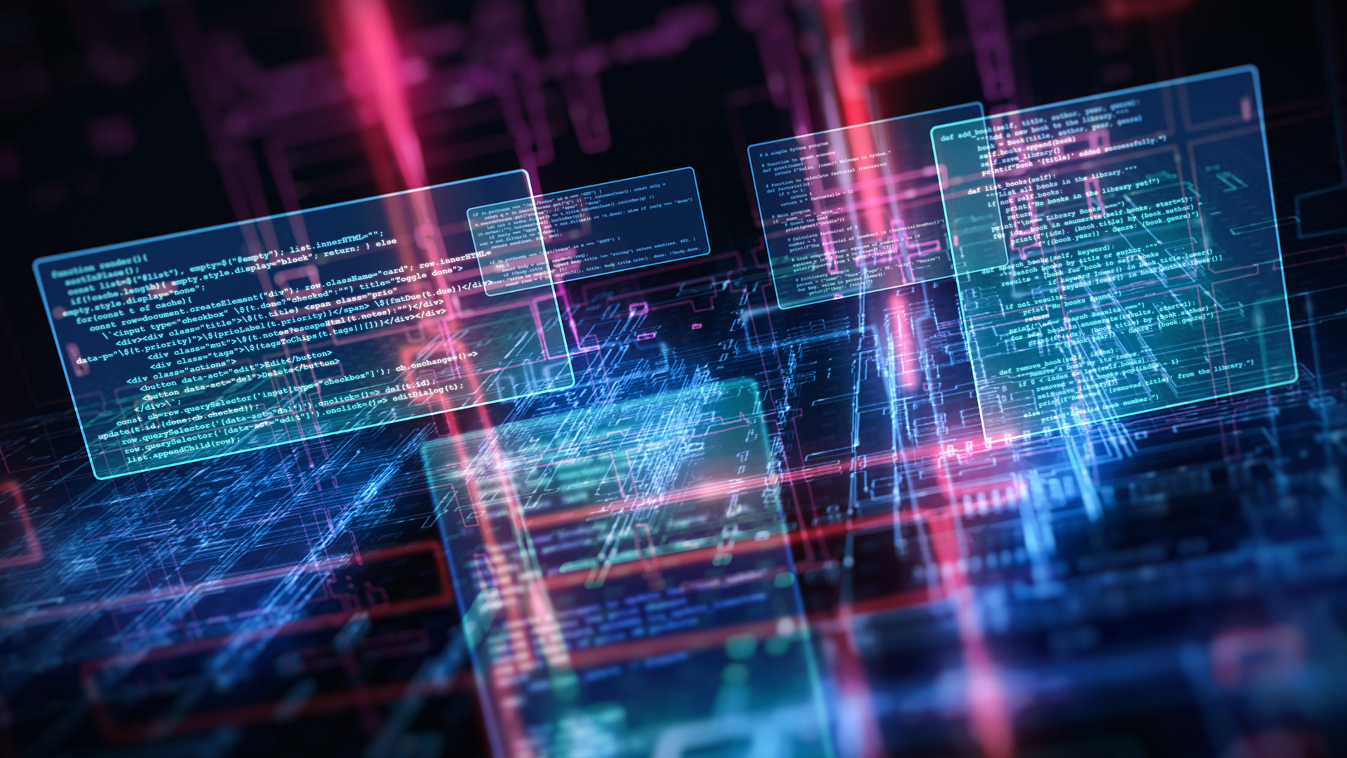 A visualization of bue code in a futuristic display, lit by red light, to represent vibe coding risks.