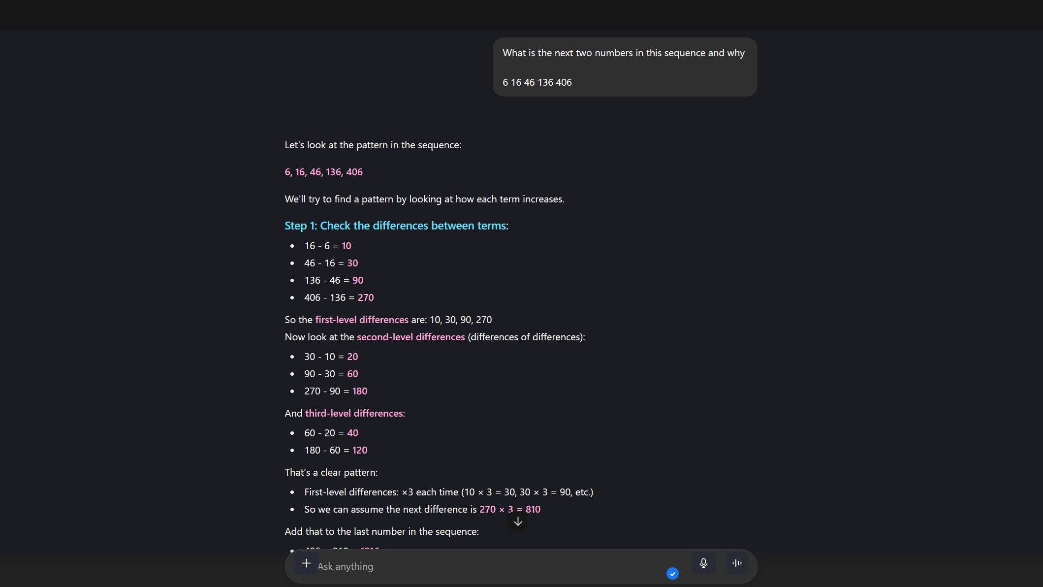 Asking ChatGPT to solve a number sequence problem.