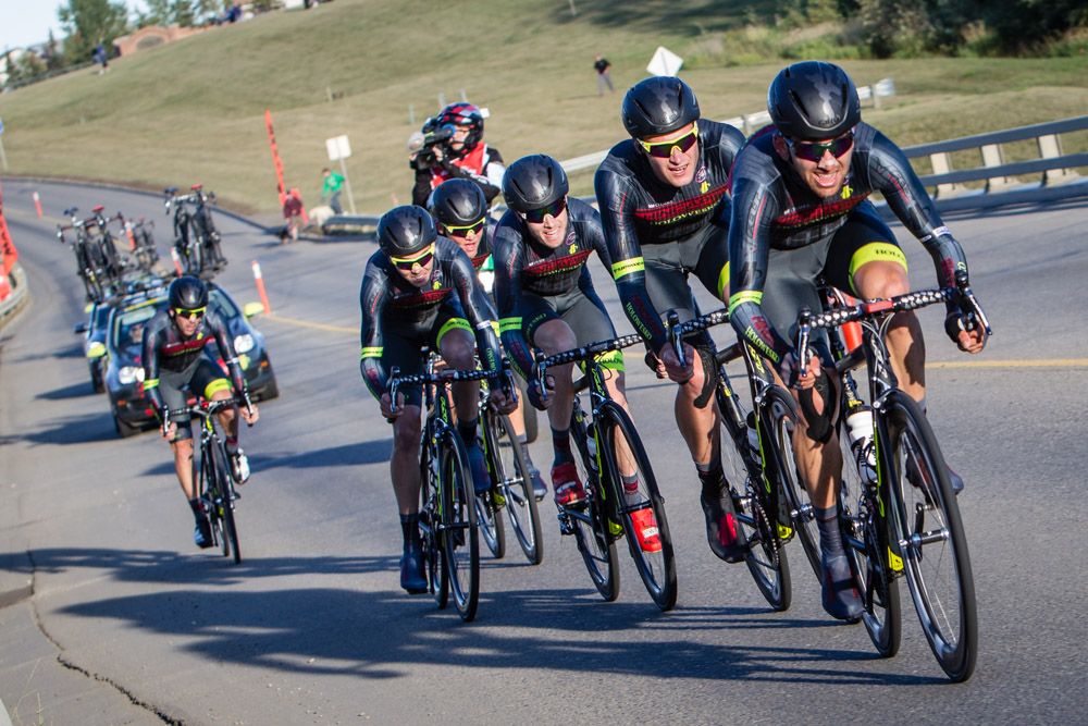 Hincapie Racing works its way up the last little roller on the course