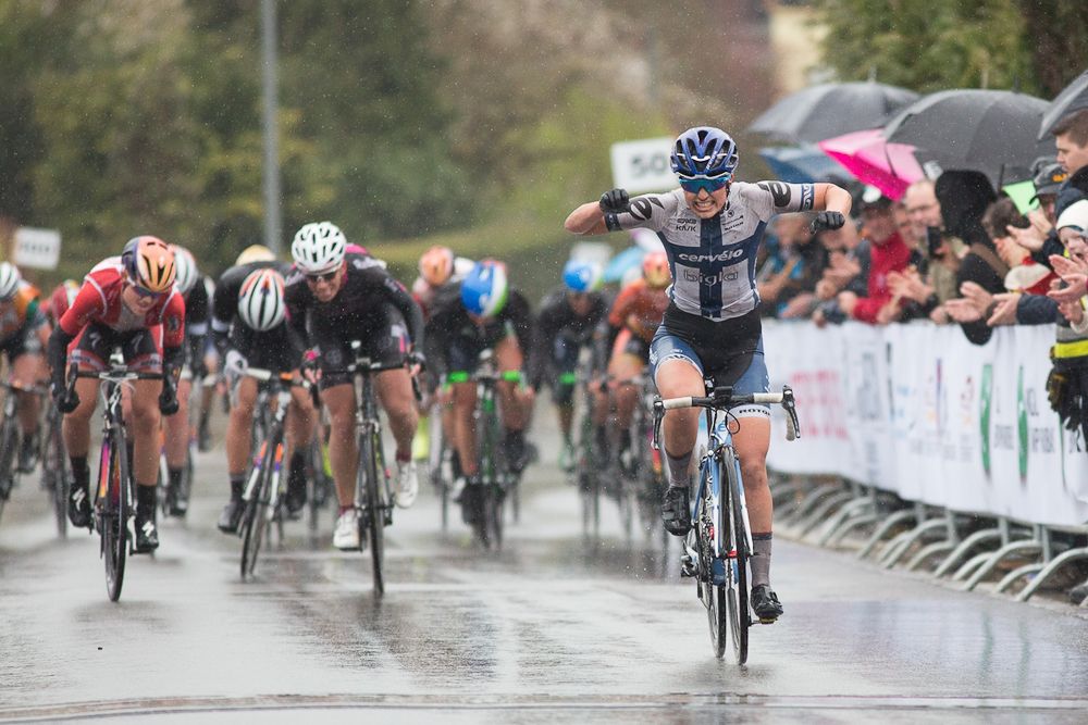 Lotta Lepist&ouml; (FIN) of Cerv&eacute;lo-Bigla Cycling Team wins the first, 106.9km road race stage of Elsy Jacobs