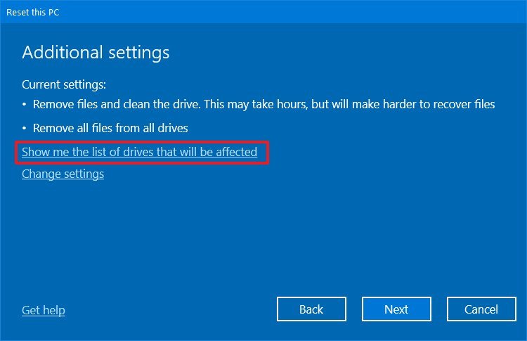 Reset this PC list of affected drives option