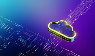 Cloud attacks depicted by a digital mockup of a cloud floating above a circuitboard, all in a futuristic-looking colour scheme of neon blue, purple and yellow