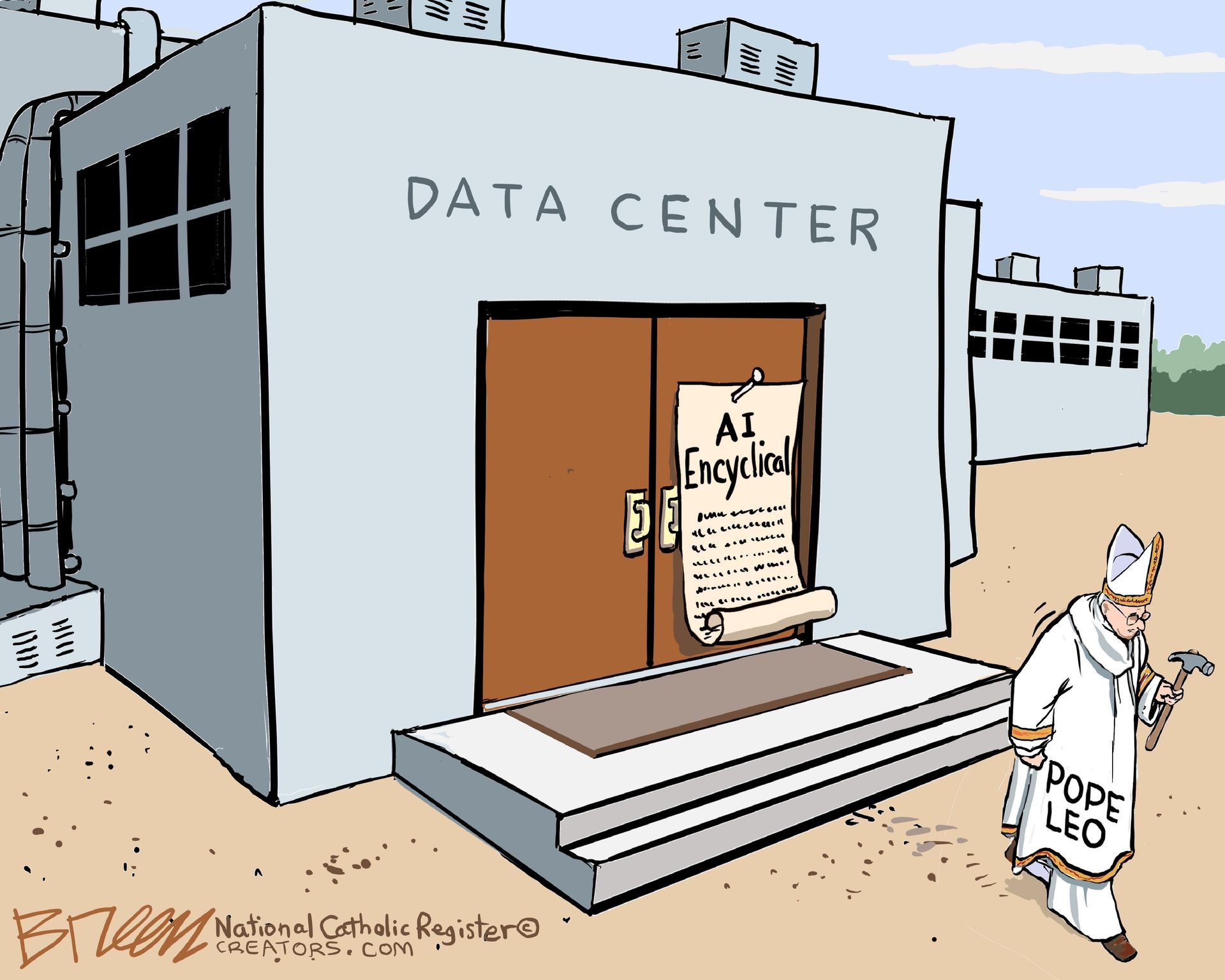 
                                Pope Leo walks away from a Data Center with a hammer in his hand. He has just nailed a scroll labeled AI Encyclical to the door.
                            