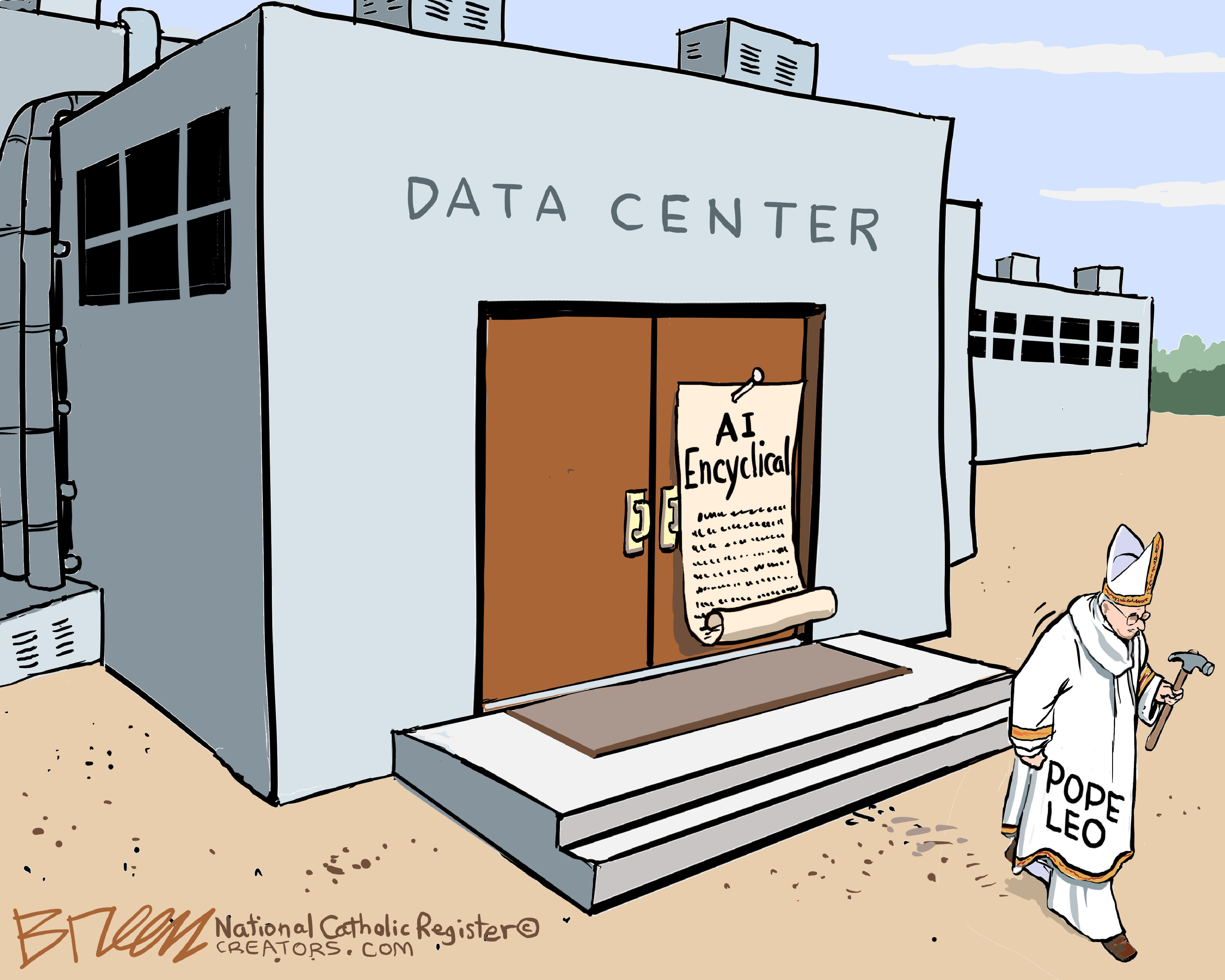 Pope Leo walks away from a Data Center with a hammer in his hand. He has just nailed a scroll labeled AI Encyclical to the door.