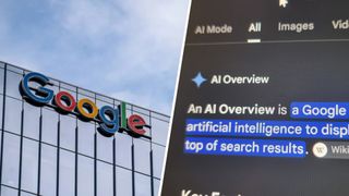 A split screen image of Google's offices in Toronto, Canada, and a close up photo of Search's AI Overview.