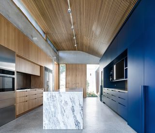 Treetops House blue kitchen wall and wavy ceiling