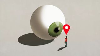 spyware victim depicted with GPS pointer and giant eye