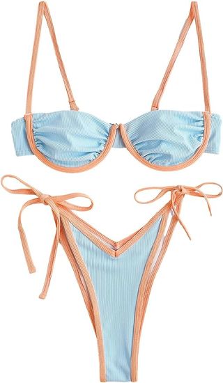 Zaful Damen-Bikini-Set mit Bügel, hoch geschnitten, seitlich gebunden, zweiteiliger Badeanzug, Badebekleidung (2-Hellblau, M)