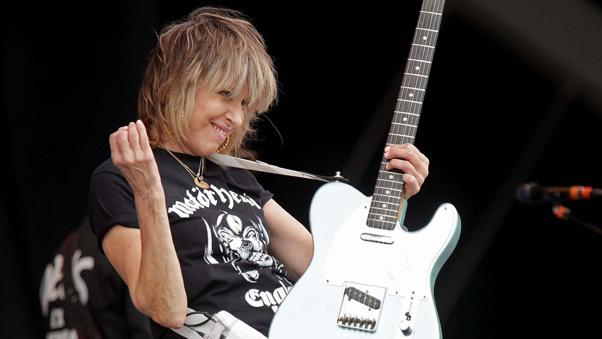 Chrissie Hynde of The Pretenders performing on the Other Stage, at the Glastonbury Festival at Worthy Farm in Pilton, Somerset, 2017