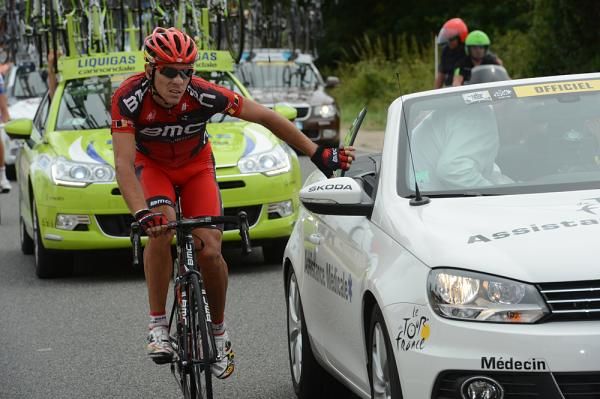 Philippe Gilbert visits the race doctor after being crashed by a loose dog on the course