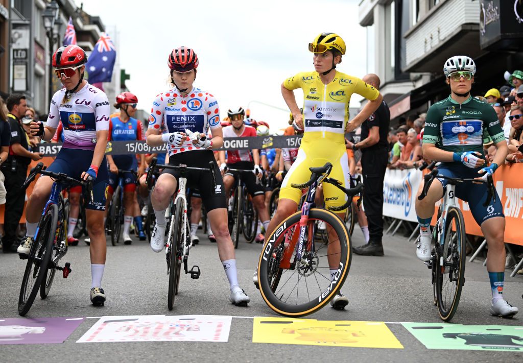 BASTOGNE BELGIUM AUGUST 15 LR Shirin Van Anrooij of The Netherlands and Team Lidl Trek White Best Young Rider Jersey Puck Pieterse of The Netherlands and Team FenixDeceuninck Polka dot Mountain Demi Vollering of The Netherlands and Team SD Worx Protime Yellow Lader Jersey and Charlotte Kool of The Netherlands and Team dsmfirmenich PostNL Green Points Jersey prior to the 3rd Tour de France Femmes 2024 Stage 5 a 1522km stage from Bastogne to Amneville UCIWWT on August 15 2024 in Bastogne Belgium Photo by Dario BelingheriGetty Images