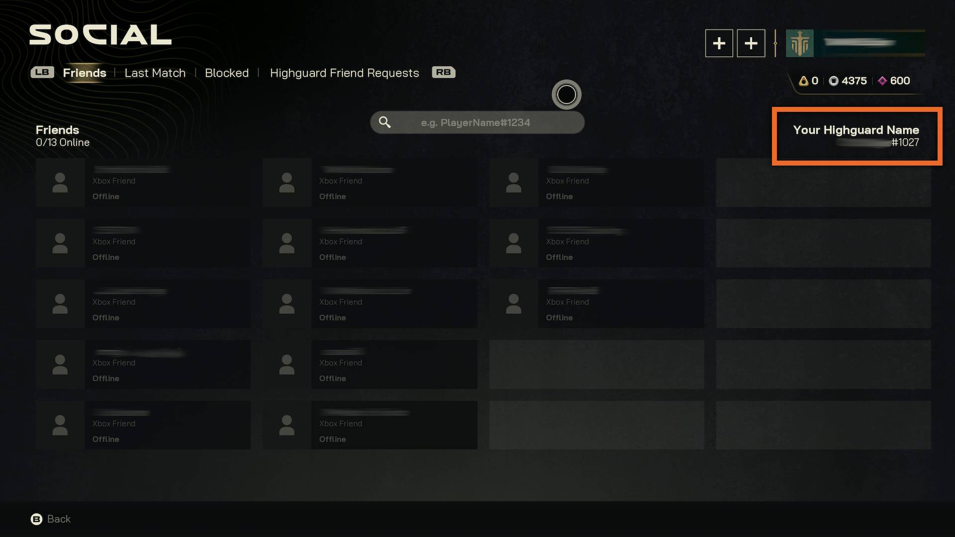 Highguard social menu and friends list with Your Highguard Name highlighted