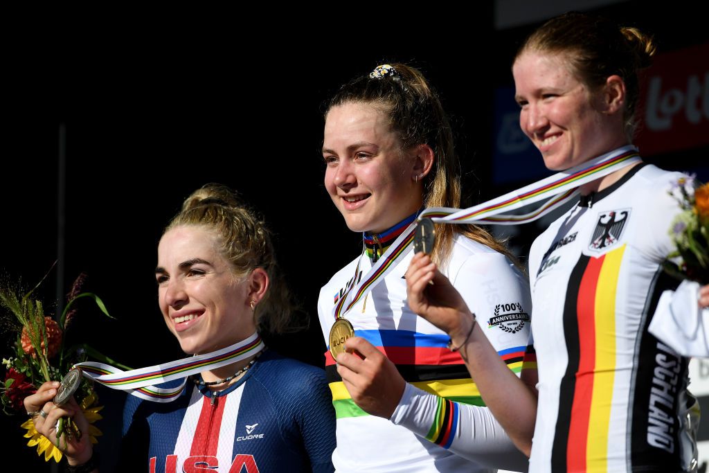 LEUVEN BELGIUM SEPTEMBER 25 LR Silver medalists Kaia Schmid of United States and gold medalists Zoe Backstedt of Great Britain pose on the podium during the medal ceremony after the 94th UCI Road World Championships 2021 Women Junior Road Race a 752km race from Leuven to Leuven flanders2021 on September 25 2021 in Leuven Belgium Photo by Tim de WaeleGetty Images