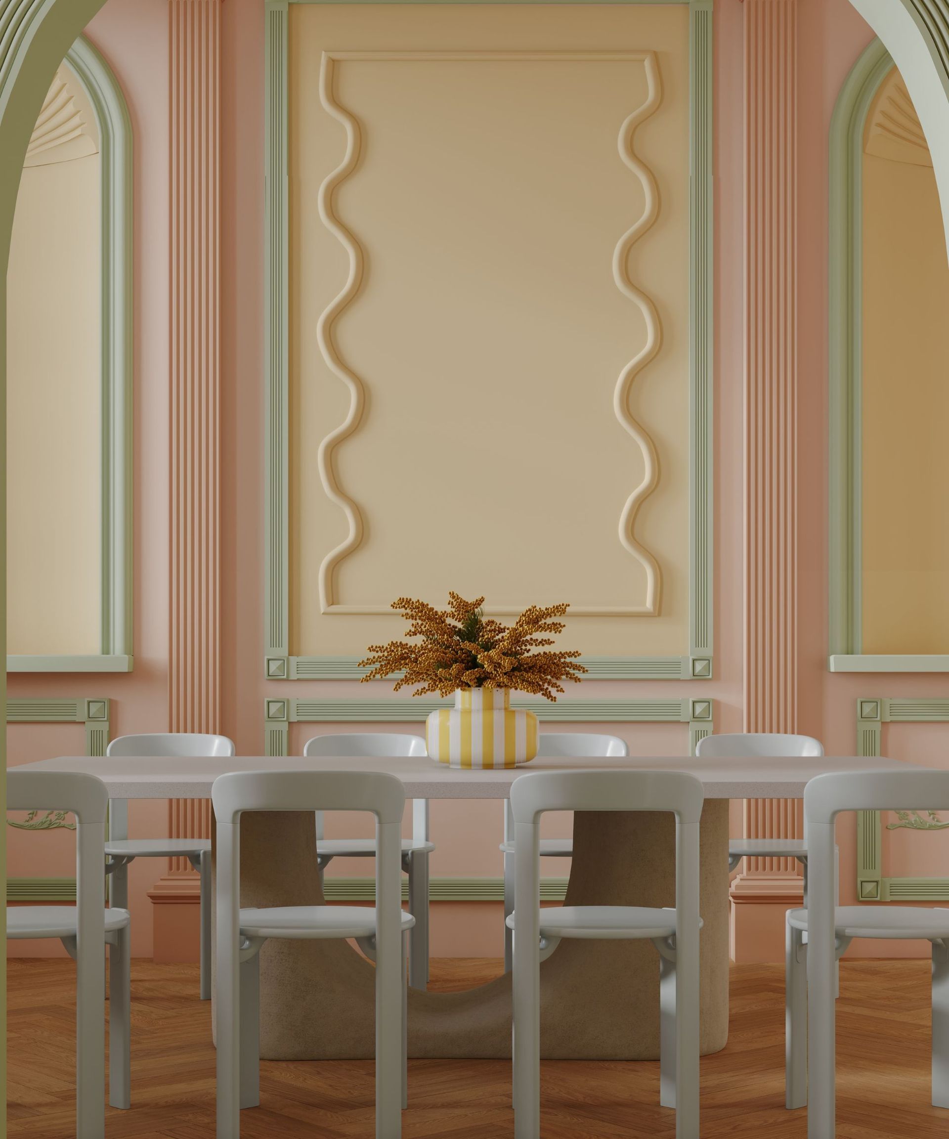 A dining room with a panelled wall, the panelling is painted in various saccharine pastel colors.