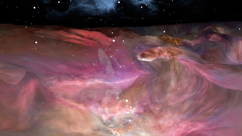 A 3-D visualization of the chaotic Orion Nebula based on observations from NASA&#039;s Hubble Space Telescope. We see black space on top, above a vast cloud of swirling pink star-formign gas