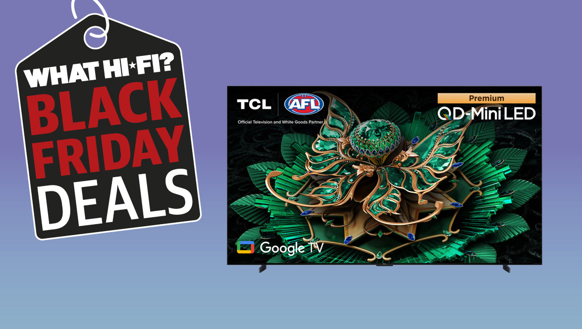 TCL 98C7K TV on a purple background with 'What Hi-Fi? Black Friday Deals' badge.