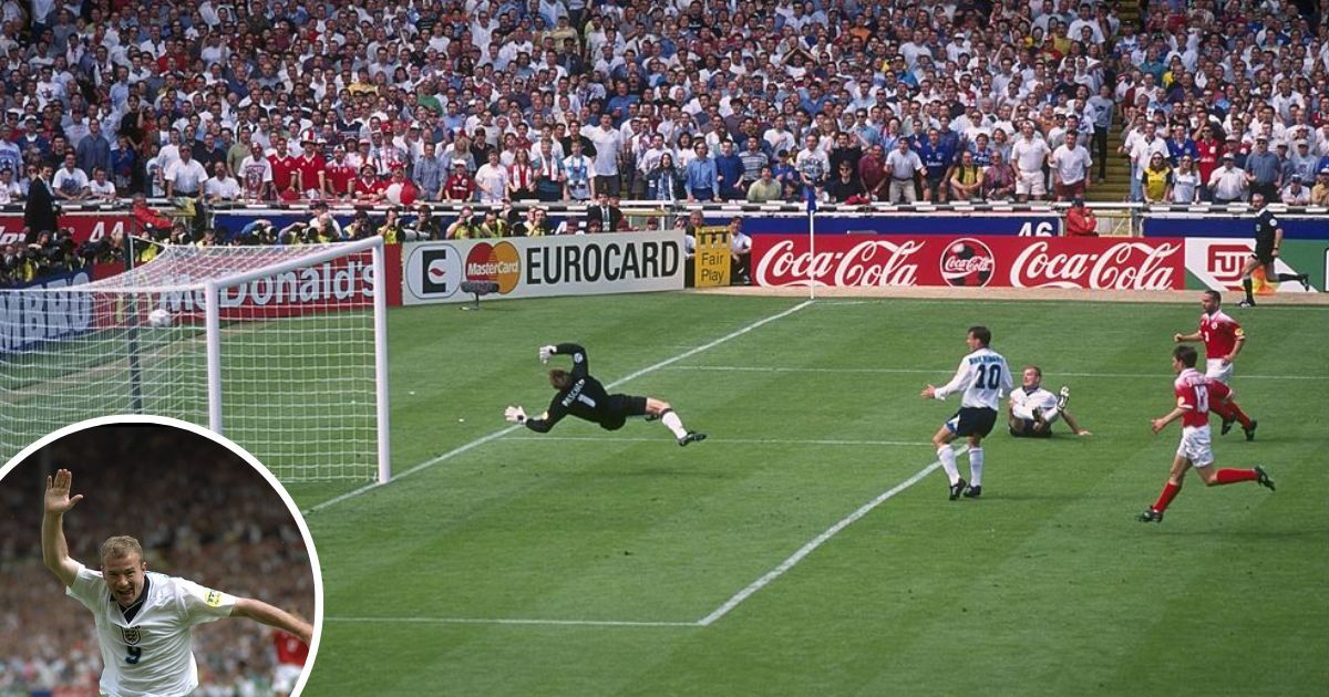 Alan Shearer of England scores England&#039;s opening goal as Teddy Sheringham (number 10) looks on during the European soccer championship game between England and Switzerland at Wembley Stadium, London. The game ended in a 1-1 draw