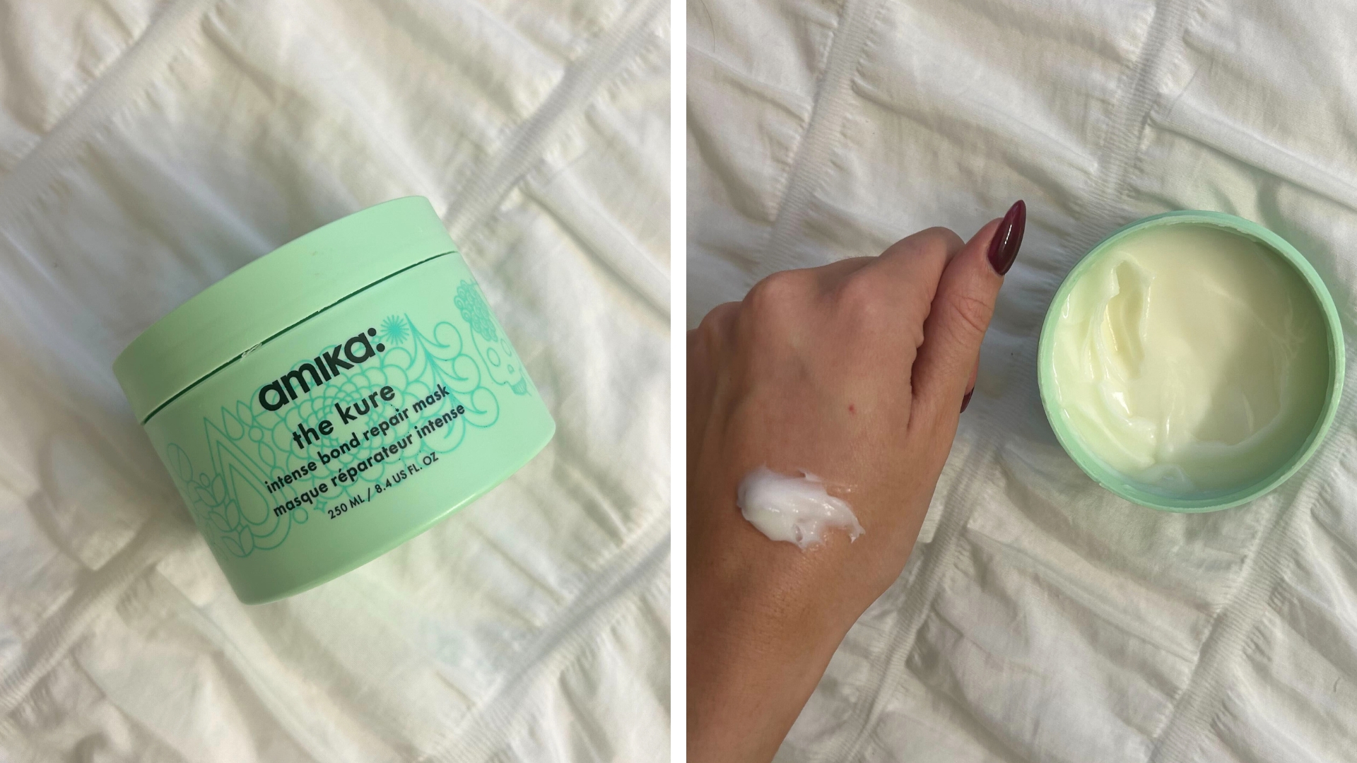 On the left, an image of Amika's The Kure Hair Mask in a green tub on white bedding, on the right the hair mask open with a swatch of the formula on the back of a hand