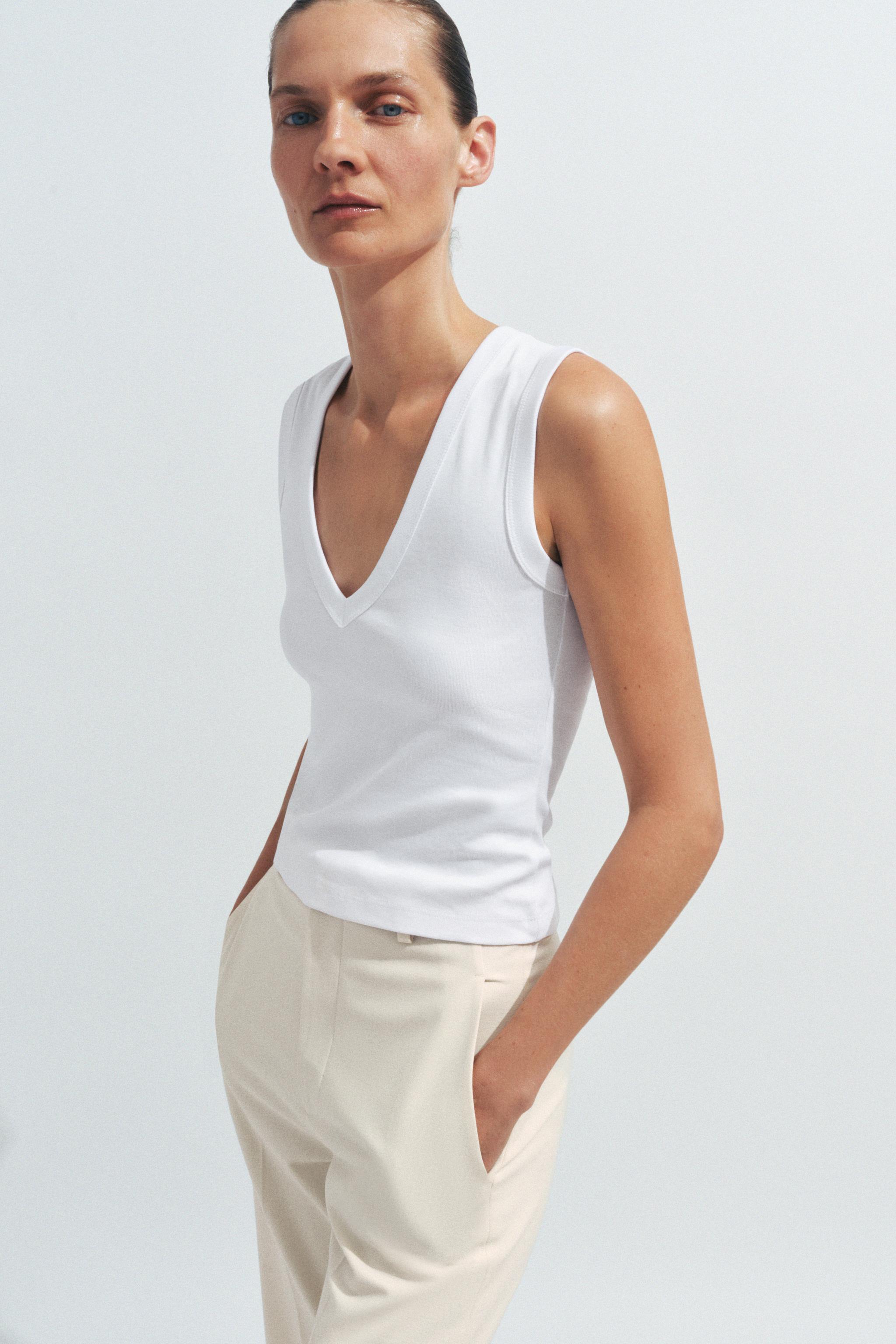 Cotton V-Neck Tank Top - White - S