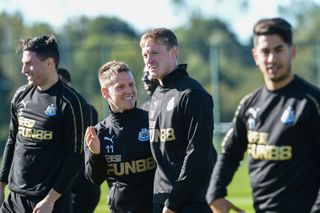 Newcastle players seen L-R Fabian Schar, Matt Ritchie, Sean Longstaff and Ayoze Perez smile during the Newcastle United Training Session at The Newcastle United Training Centre on September 27, 2018, in Newcastle upon Tyne, England.