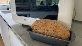 A loaf of bread cooked in the Smeg 10-in-1 Countertop Oven