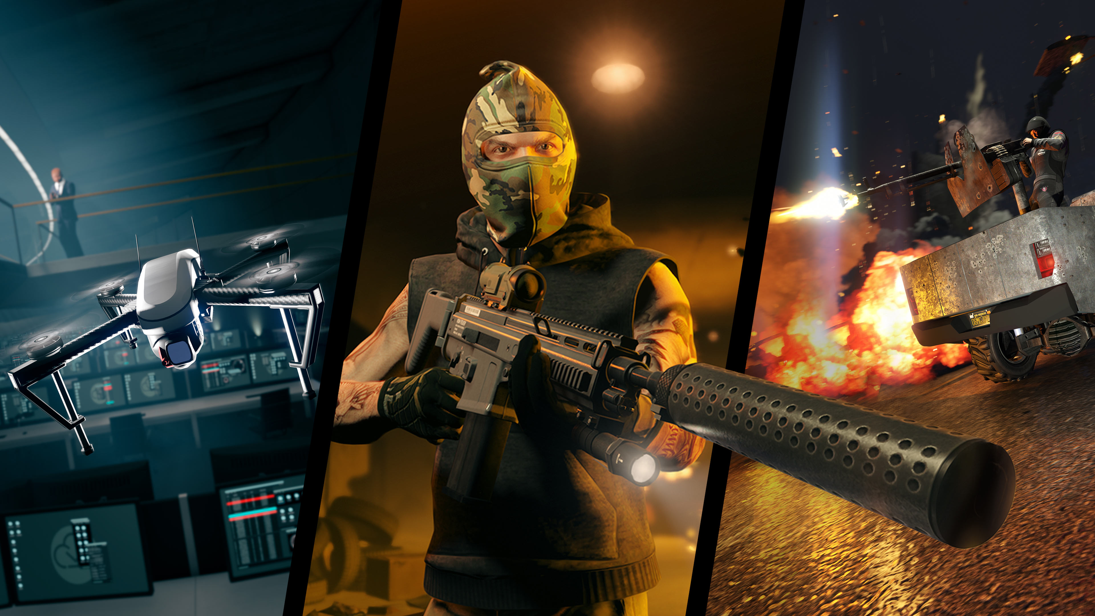 A trio of action shots from the GTA Online Kortz Center Heist