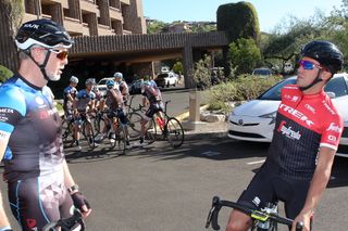 Alberto Contador chats with Polartec CEO Gary Smith before the opening-day ride in Arizona.