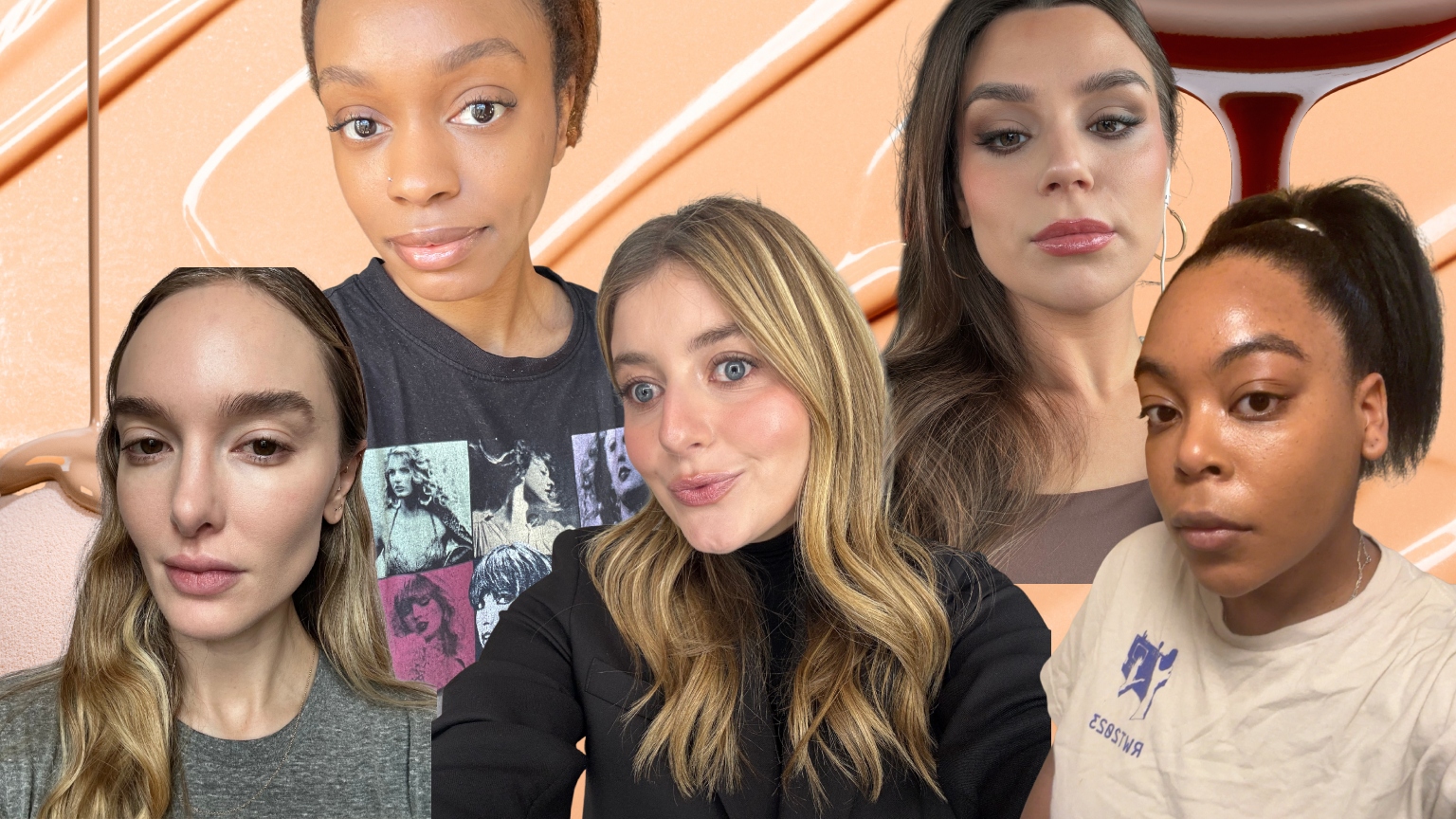 five women with glowing skin on a background of tan creamy foundation