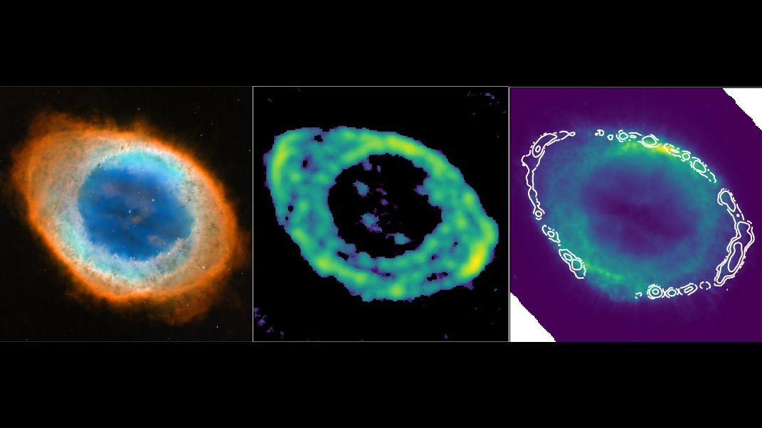 Three side-by-side images of the Ring Nebula in different filters.