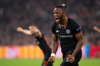 Michy Batshuayi of Chelsea FC celebrates after scoring the 0-1 goal during the UEFA Champions League group H match between AFC Ajax and Chelsea FC at Amsterdam Arena on October 23, 2019 in Amsterdam, Netherlands.